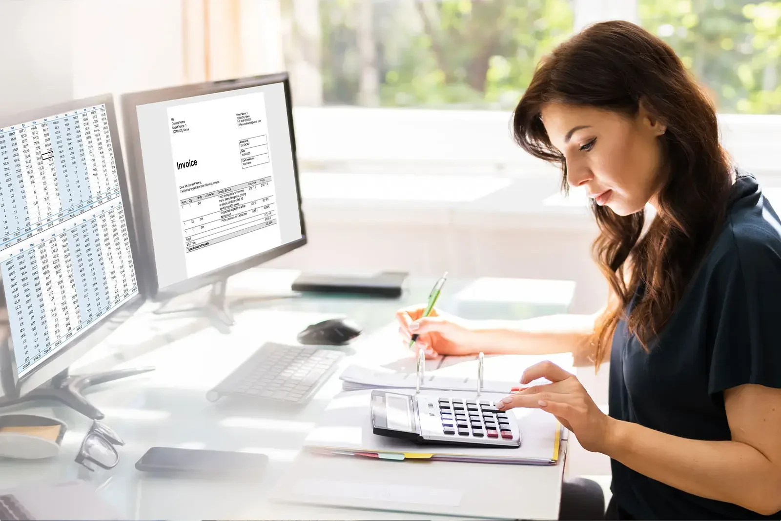 Woman Bookkeeping with Calculator and Invoice on Computer